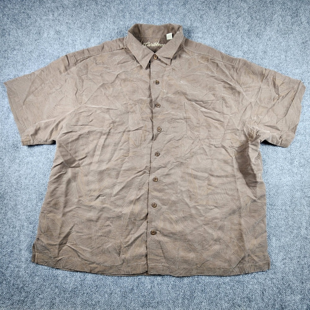 Caribbean Mens 3XB Brown Tropical Leaf Jacquard Modal Blend Button Down Shirt